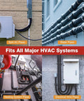 Upgraded Three Layer HVAC Copper Pipe Insulation Cover For Outdoor AC Lines Wrap 72 X 10.2 Inches Protective Sleeve All Weather Waterproof Outer 600D Fabric Pearl Cotton Insulation And Aluminum Foil Thermal Barrier For Condenser Mini Split displayed in different HVAC system setups