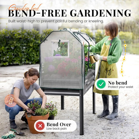 Raised Garden Bed With Cover And Legs For Outdoor Use Galvanized Elevated Planter Box 48 By 24 By 56 Inches 700 Lb Capacity Dark Gray With Zip Doors And Mesh Windows For Airflow And All Weather Growing, shown with two people gardening, one bending and the other standing.