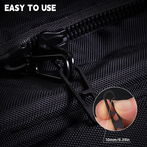 Close-up of Two Pack Heavy Duty Titanium Zipper Pull Replacements For Backpacks Luggage Jackets And Outdoor Gear Ultra Durable Easy To Install Universal Fit Black attached to a black zipper, emphasizing size and installation ease.