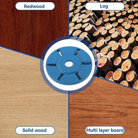 Angle Grinder Wood Carving Disc With Six Teeth For Stump Removal And Precision Grinding shown alongside wood types