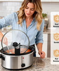 Premium Stainless Steel Slow Cooker Lid Holder And Crock Pot Stand Rack For No Sweat Daily Stewing Lazy Weekend Braising And Completely Stress Free Cleanup in a kitchen setting with a woman stirring.
