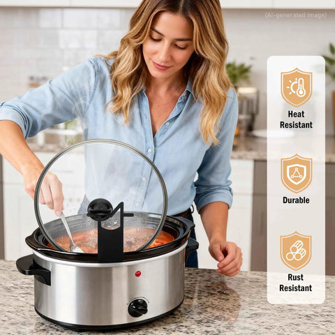 Premium Stainless Steel Slow Cooker Lid Holder And Crock Pot Stand Rack For No Sweat Daily Stewing Lazy Weekend Braising And Completely Stress Free Cleanup in a kitchen setting with a woman stirring.