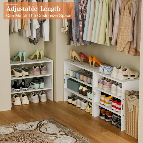 Expandable 3 Tier White Shoe Rack Organizer For Closet And Hallway, Adjustable Length From 16.9 To 28.3 Inches, Stackable Iron And Wood Shelves, Holds 8 To 16 Pairs, Great Space Saver For Small Spaces, Entryway, Garage showing shoes organized in a closet