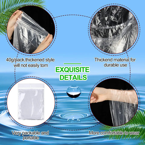 Exquisite details of 100 Pack Hooded Adult Rain Ponchos Disposable Bulk Plastic Rain Gear for Men and Women, showing packaging and material.