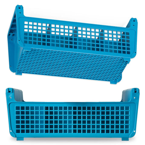 Blue Perma-Sil Polypropylene Flatware Basket For Commercial Kitchens, 8-Compartment Dishwasher Rack Organizer, Pack Of 6, Front and Bottom View