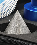 Tile hole saw kit: diamond core drill bit cone (finger bit) with textured metallic surface, front view