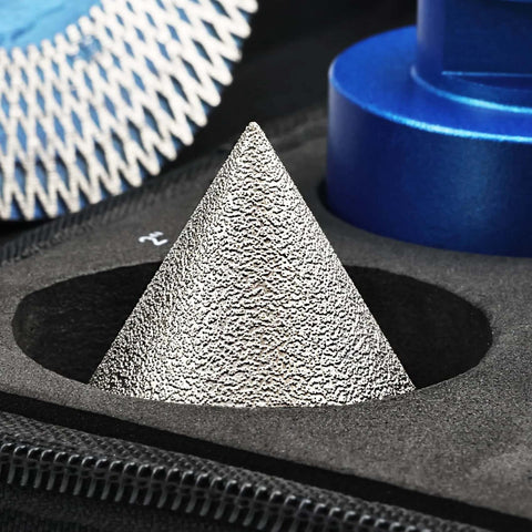 Tile hole saw kit: diamond core drill bit cone (finger bit) with textured metallic surface, front view