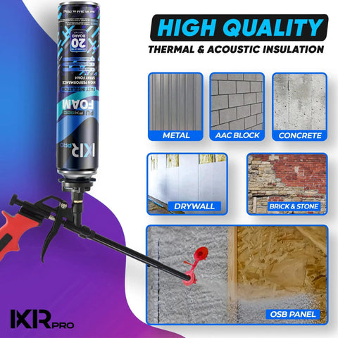 12 Pack Spray Foam Insulation Kit With Foam Gun And Cleaner, showing foam canister and various surfaces for insulation.
