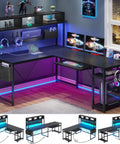 L Shaped Gaming Desk With Power Outlet LED Lights Pegboard Keyboard Tray Storage Bag Headphone Hook CPU Stand Reversible Corner Desk For Home Office Holds 3 Monitors Black with USB power and RGB LEDs setup in a room showing dual monitor and accessories.