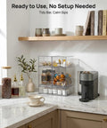 Clear Stackable Storage Drawers Set Of 5 Plastic Organizer Bins With Built In Handles for countertop coffee pod and spice storage.