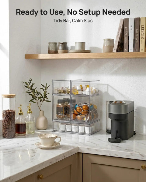 Clear Stackable Storage Drawers Set Of 5 Plastic Organizer Bins With Built In Handles for countertop coffee pod and spice storage.