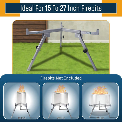 Fully Adjustable Carbon Steel Fire Pit Stand For Solo Stove Bonfire Yukon Ranger All In One Outdoor Fire Pit Stand That Protects Decks And Surfaces And Fits 15 To 27 Inch Pits With Grab And Go Setup For Easy Backyard Gatherings, shown in three size options.