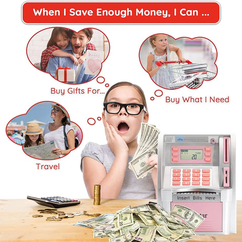 Child using ATM Piggy Bank For Kids Kid Friendly With Talking Debit Card And Digital Coin Counter Real Money Counting