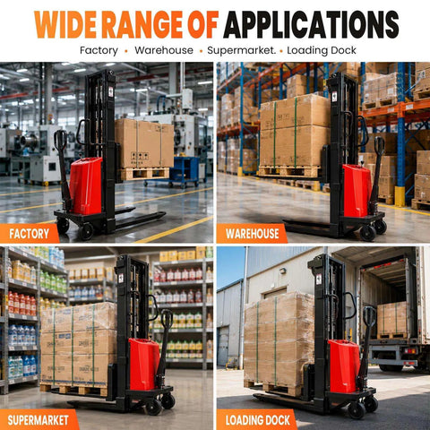Heavy Duty Semi Electric Pallet Stacker 3300 Lb Capacity 94 Inch Lift Height 48V Battery Pack in factory and warehouse settings.