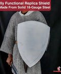 Old School 14th Century Medieval Steel White Heater Shield Functional Historical Replica For Reenactment And Display in use