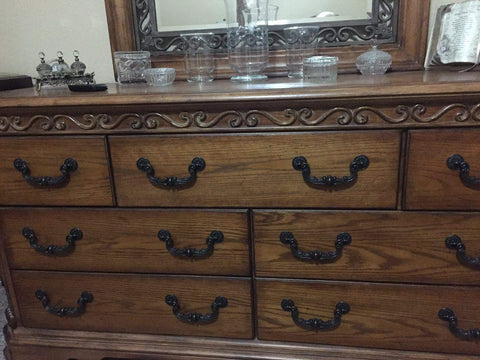 Wooden dresser with vintage drop bail drawer pulls 6 inch cabinet handles, rustic antique black zinc alloy hardware installed