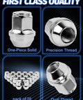 20 Piece M14x1.5 Chrome Lug Nuts Set For Lincoln Edge MKX MKZ Aviator Wheels Replacement, showcasing solid design.