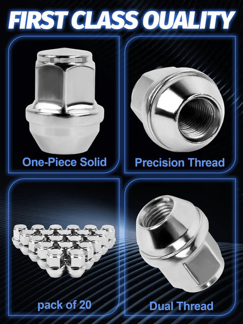 20 Piece M14x1.5 Chrome Lug Nuts Set For Lincoln Edge MKX MKZ Aviator Wheels Replacement, showcasing solid design.