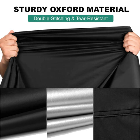 Heavy Duty 600D Oxford Black Miter Saw Cover For Woodworking Bench Tools Up To 28 By 24 By 28 Inches showing tear-resistant fabric.