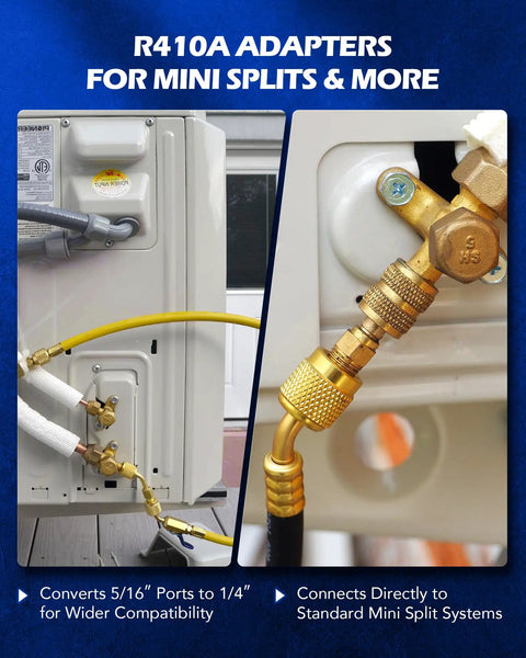 Four Pack Angled R410A Adapters For Mini Split HVAC Service Five Sixteenth Inch Female To One Quarter Inch Male Flare Fittings Pro Grade Easy Connect For Diagnostics And Maintenance, bronze angled adapter on mini split port