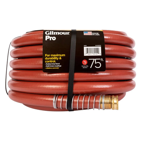 Coiled heavy duty three quarter inch by seventy five foot garden hose with kink-resistant, commercial grade rubber and vinyl construction.