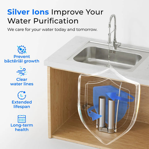Illustration of DST Under Sink Water Filter System For Cold Municipal Tap Water installed under a kitchen sink.