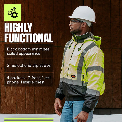 Man wearing High Vis ANSI Class 3 Winter Bomber Jacket For Men Waterproof And Windproof With Detachable Hood PU Coated Shell