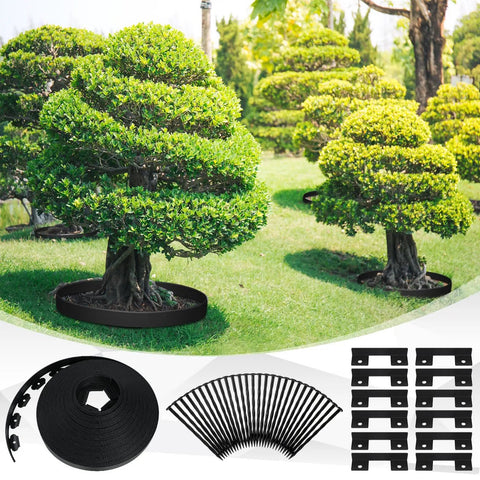 Black 315 Ft Landscape Edging Border Kit With 2 Inch Tall Edging, 168 Spikes And 48 Connectors around tree base