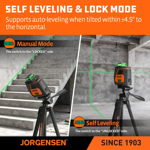 360 Degree Self Leveling Laser Level With Tripod And Magnetic Base, showcasing manual and self-leveling modes in a concrete space.
