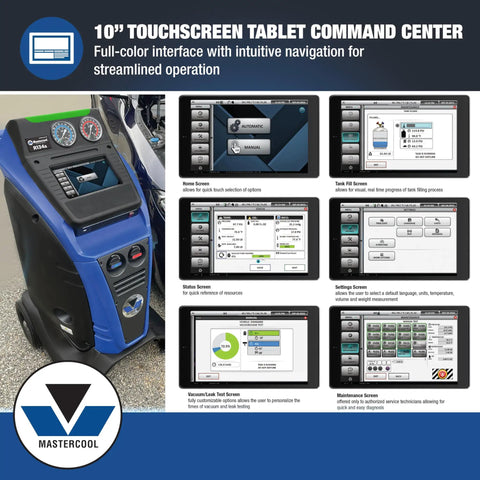 10 inch touchscreen tablet command center of Heavy Duty Automatic R134A Refrigerant Recovery Machine for hybrid EV auto AC repair.
