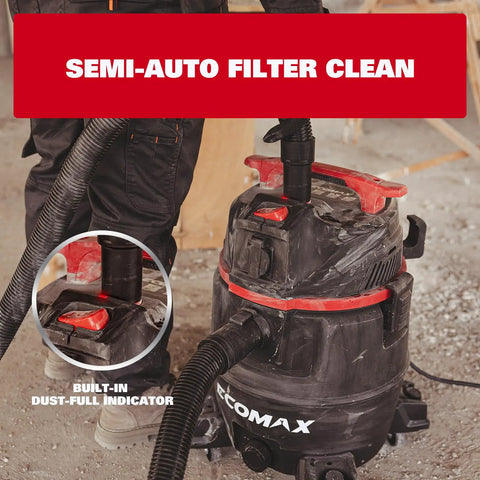 Dual-Mode Wet Dry Vacuum With Auto Tool Activation, 8 Gallon Workhorse, close-up of dust-full indicator and hose