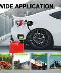 Fuel Transfer Pump With Auto Stop Sensor 3.2 GPM in use with car, featuring 41 inch hose and three tank adapters