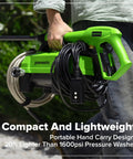 Person holding Ultra Compact 1700 PSI 1.2 GPM Pressure Washer For Quick No Fuss Home Cleaning And Patio Care Lightweight Tool