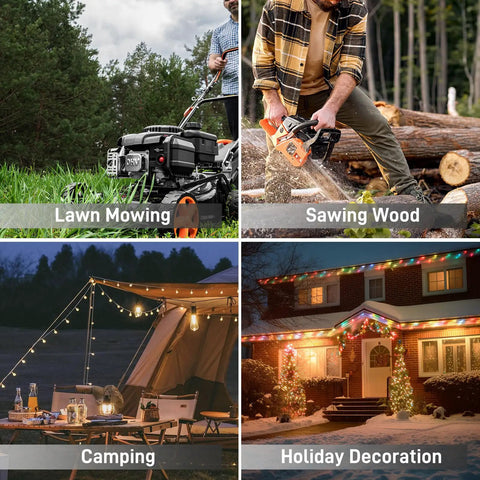 Collage depicting various outdoor uses: lawn mowing, sawing wood, camping, and holiday decorations, showcasing versatility.