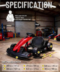 36V Kids Go Kart 600W Electric Drift Racing Kart For Outdoors in garage with specifications and red color detail