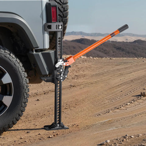 VEVOR 42 Inch Farm Jack 7000 Lbs High Lift Utility Ratchet Off Road Heavy Duty Truck Tractor SUV Jeep Recovery Winch Clamp Pull Tool 5-36 In Range positioned next to a vehicle on rugged terrain.