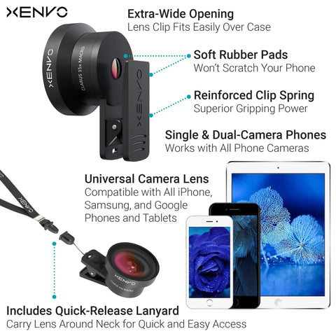 Universal Smartphone Lens Kit With Wide Angle And Fifteen Times Macro Lenses LED Light Clip And Travel Case For iPhone Android And More