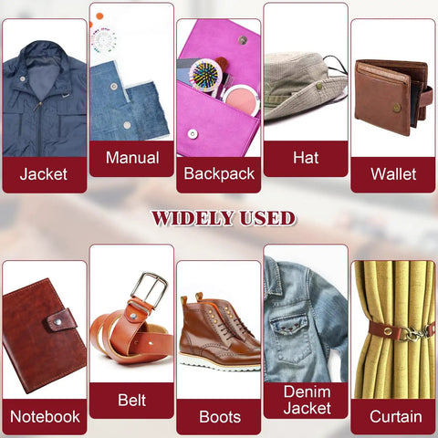 Leather Craft Rivets And Magnetic Snaps Kit With 160 Double Cap 10mm Rivets And 20 Magnetic Buttons In 4 Colors Including 18mm Snap Fasteners For Purses Totes Belts Boots And Other DIY Leather Projects, showcasing various applications such as jackets, backpacks, wallets, and boots.