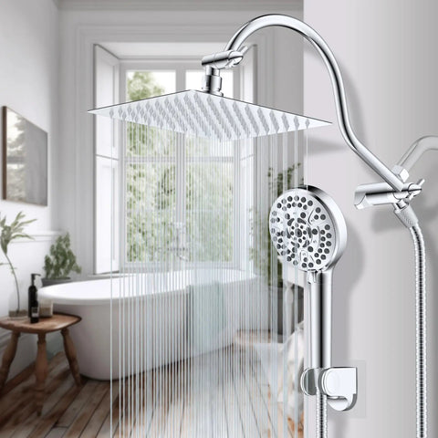 All Metal CUPC Certified 8 Inch Rainfall Shower Head and Handheld Combo with 10 Spray Settings in chrome, mounted in bathroom
