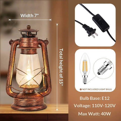 Rustic Lantern Table Lamp Plug In Old Fashioned Night Light For Bedroom And Living Room, Vintage Iron Desk Lamp With E12 Socket