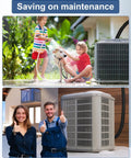 Children playing with a dog beside an outdoor HVAC unit, and technicians standing next to an HVAC system indoors.