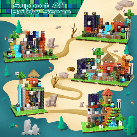Display of Magnetic Building Blocks Set 200 Pieces With 6 Base Plates For Kids Ages 3 4 5 6 7 8 9 10 11 12 in creative scenes