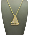 Iced Out Sailing Yacht Pendant Necklace In Gold Tone, with Rope Chain, on display bust