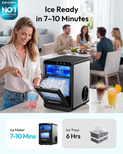 Quick Freeze Countertop Nugget Ice Maker Delivers 44 Pounds Of Soft Sonic Pellet Ice Daily With No Hassle Auto Wash And Smooth Chilling Performance For Everyday Households And Office Crews. User fills glass with fresh ice.