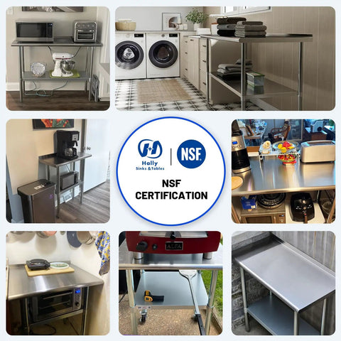 Various installations of Stainless Steel Prep And Work Table 24 By 48 Inches With Caster Wheels NSF Certified Pro Grade
