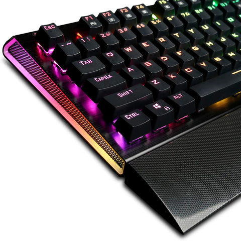 Beast Mode Mechanical Gaming Keyboard With Clicky Blue Switches, Vivid Rgb Backlighting showing colorful keycaps and side panel.