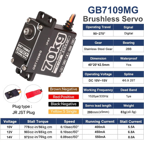 Beefy 70Kg Brushless Digital Steering Servo For RC Cars Boats And Robots 14V High Torque Metal Gear Waterproof 270 Degree Sweep IP67 Rated 25T Servo Horn specifications chart with plug type information