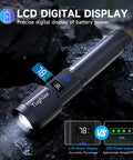 4 Pack Rechargeable LED Flashlights With 10000 Lumens Each And LCD Battery Display on wet rocks