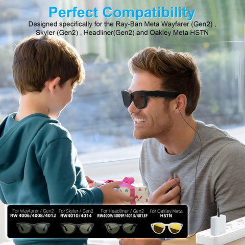 Man wearing Ray Ban Meta Wayfarer sunglasses with 3.9Ft Type C Charging Cable For Ray Ban Meta Wayfarer Skyler Headliner Gen 2 And Oakley Meta HSTN Accessories, child holding gift in background