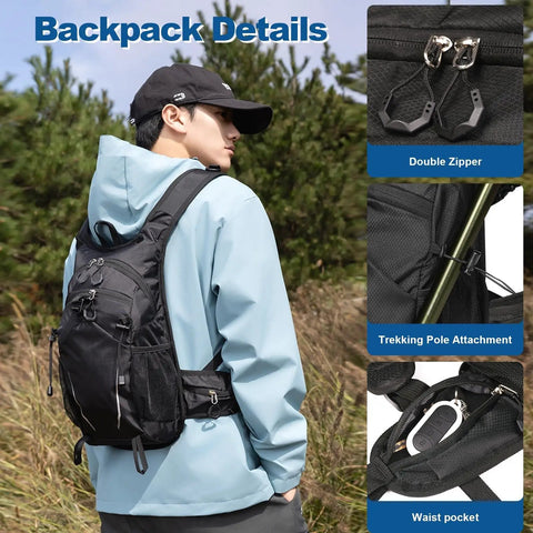 Man wearing 10L Ultra Light Hiking Daypack For Men And Women With Chest Strap Compact Mini Backpack, showing double zipper.